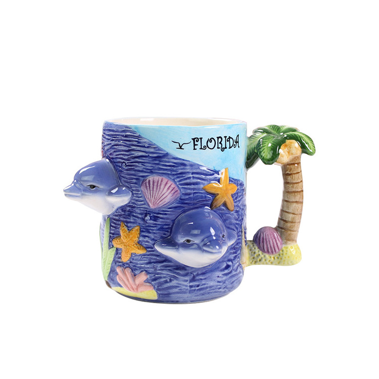 best selling ceramic coffee mug handpainted 3d dolphin palm tree handle ceramic milk cup&mug promotion giveaway shop mug