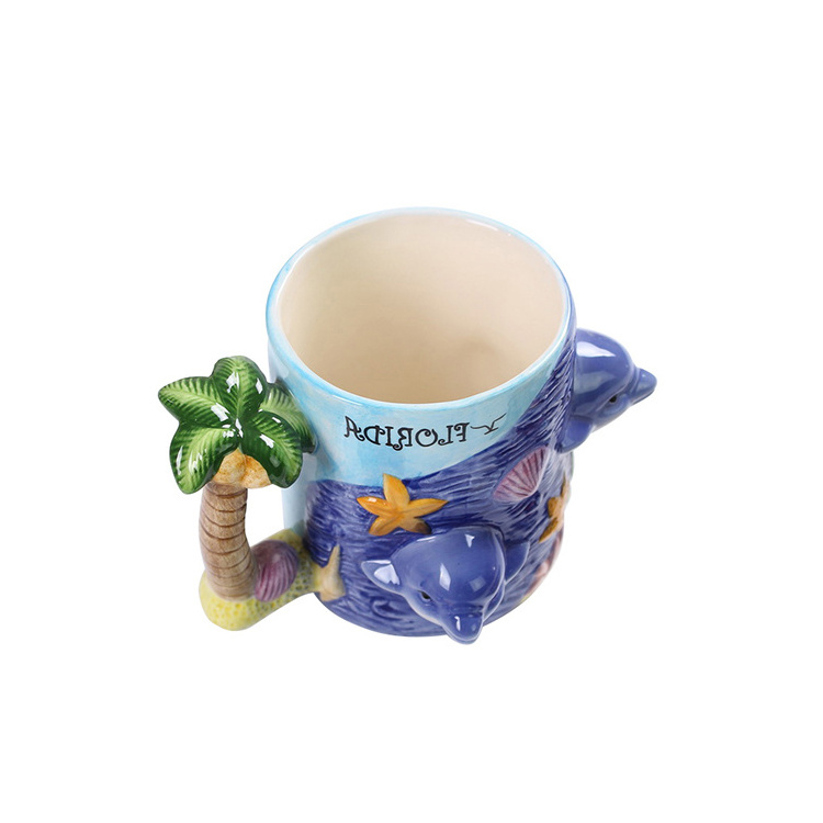 best selling ceramic coffee mug handpainted 3d dolphin palm tree handle ceramic milk cup&mug promotion giveaway shop mug