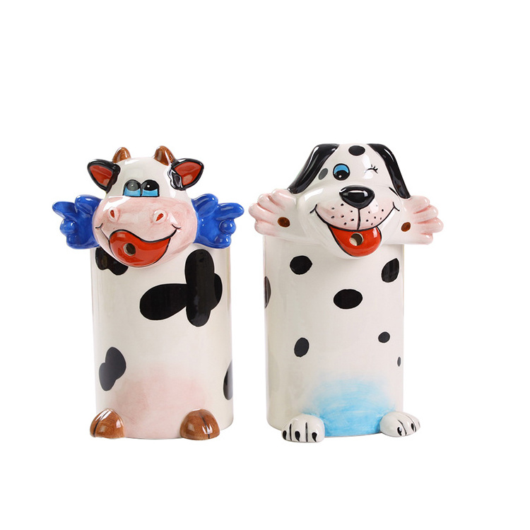 Customized Ceramic Cute cow and dog Shaped 3d milk Mug for kids with straws