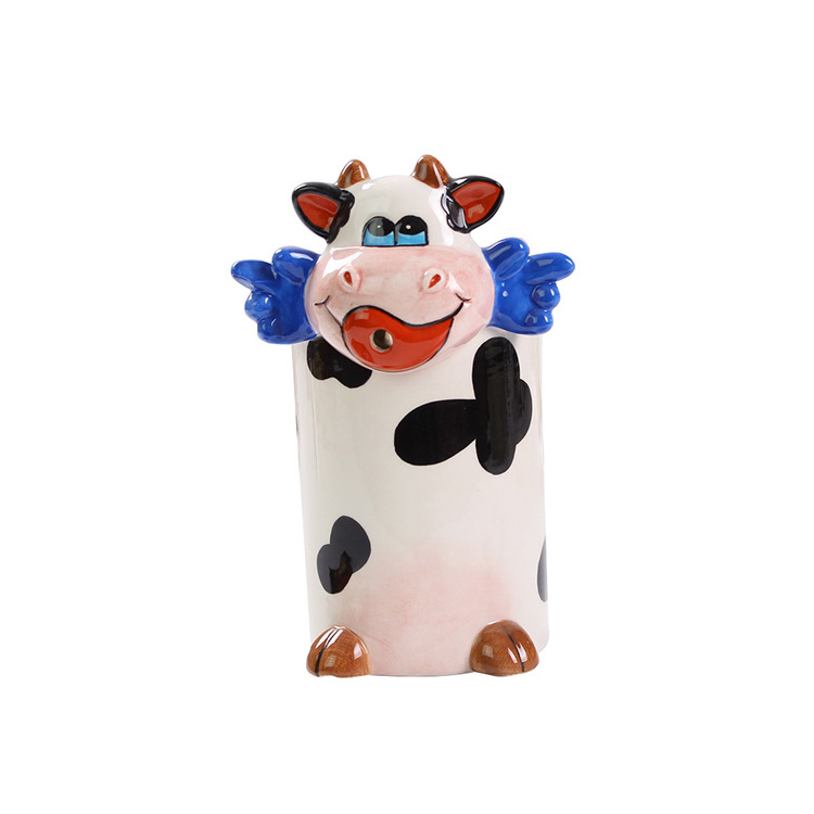 Customized Ceramic Cute cow and dog Shaped 3d milk Mug for kids with straws