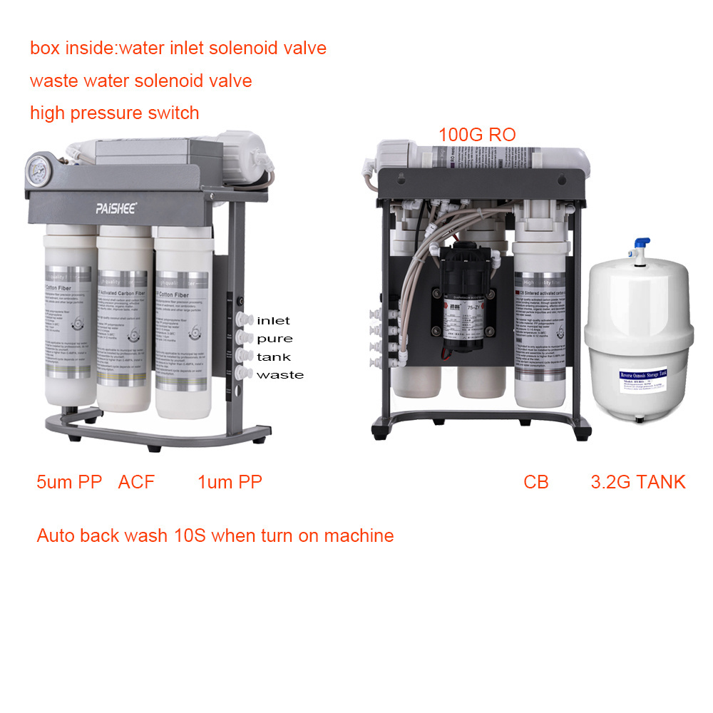 RO100G RO System Auto Clean Reverse Osmosis KDF GAC Alkaline Water Filter US Technology Purifier for Home Use Electric