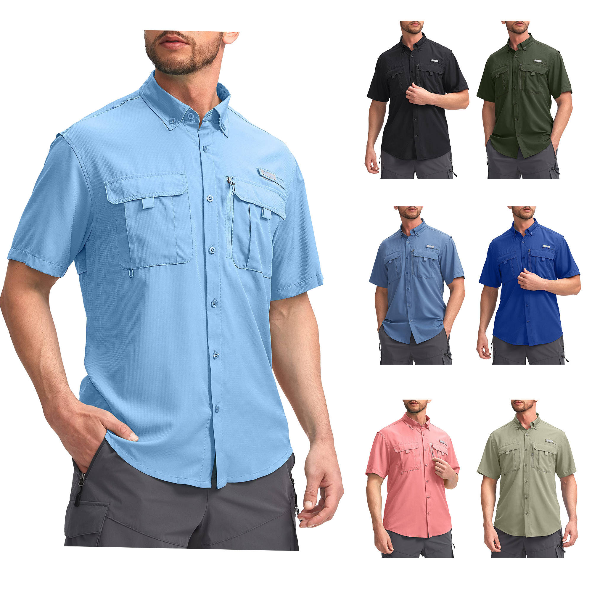 Custom logo Blank Men Upf 50 Button Down Up Royal Blue Fishing Shirts Work Uv protection Short Sleeve Polyester Fishing Shirt