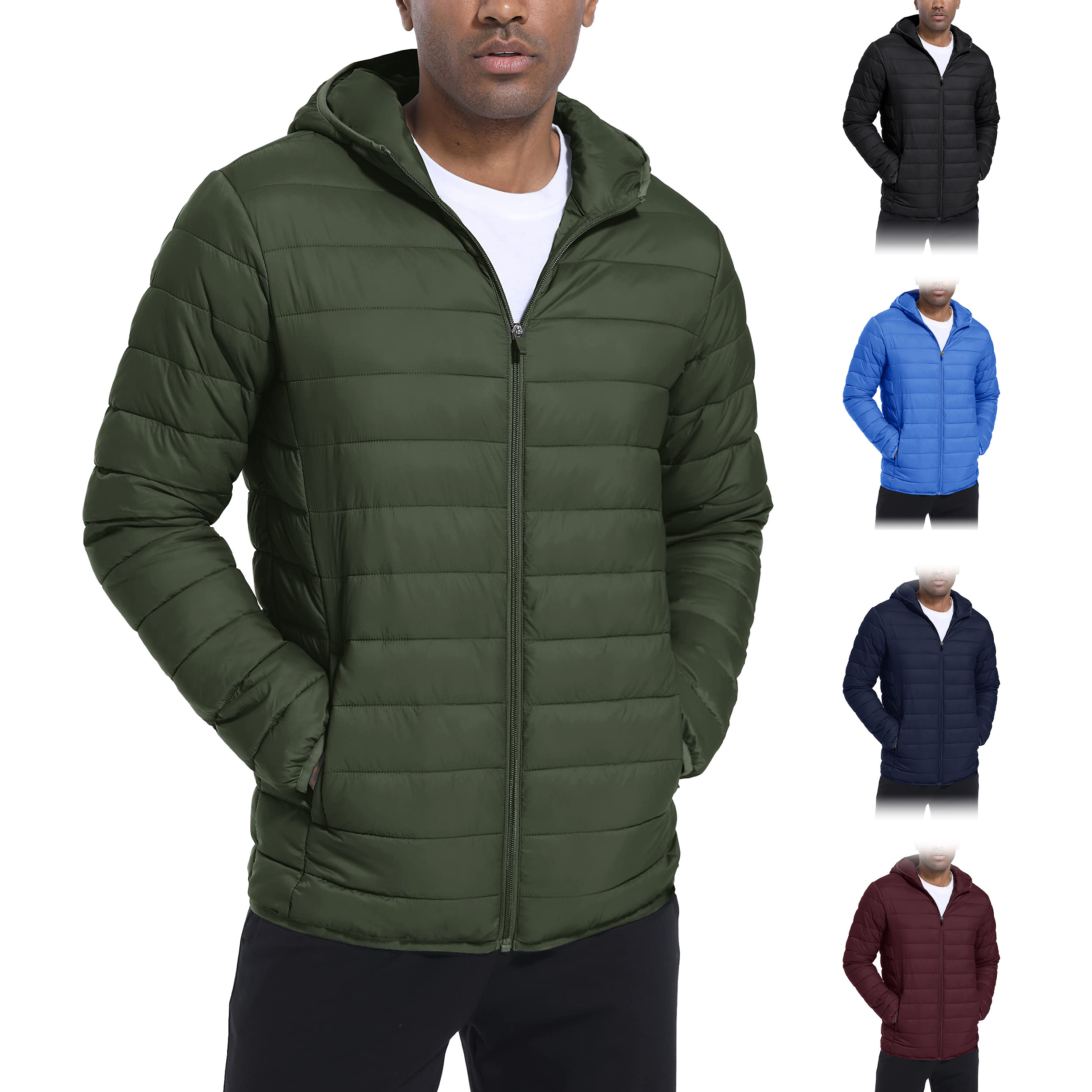 Custom Logo Outdoor Winter Men Sublimation Hooded Puffer Jacket Windbreaker Lightweight Quilted Coat Nylon Puffer Jacket