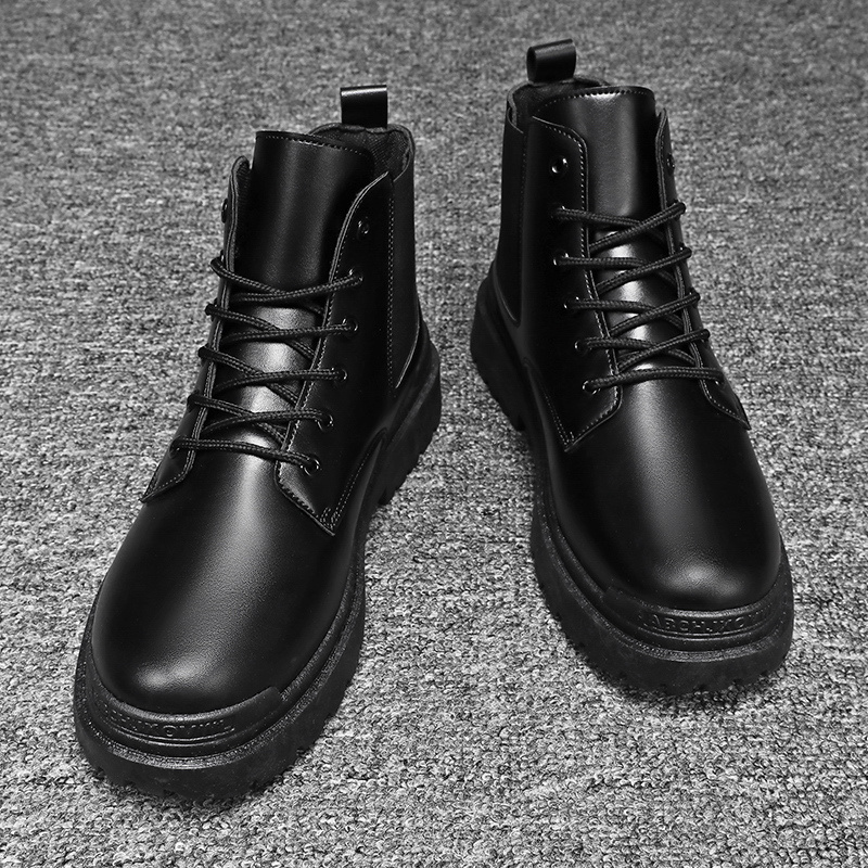 High top elastic band lace up men boots el tobillo black pu leather work boots for men