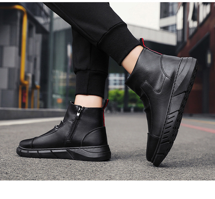 slip on Men shoes black side zipper Work Boots High Top Fashion black boots for men