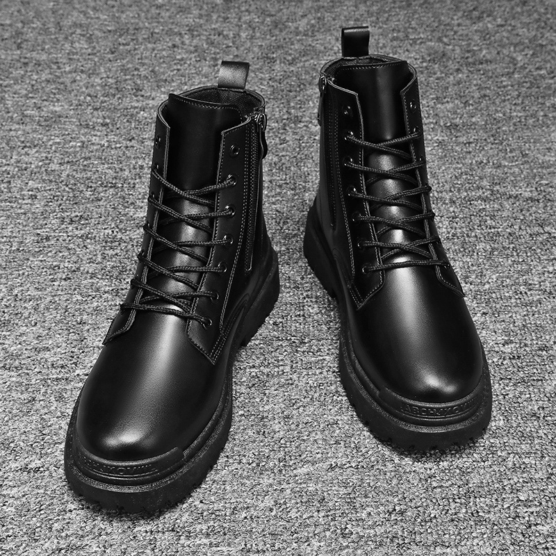 Custom Men Shoes Black Side Zipper Work Boots High Top Fashion for Men PU Cotton Fabric Winter Shoes Male Rubber Solid Top Level