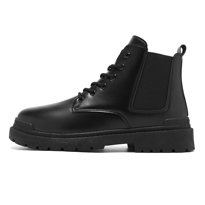 High top elastic band lace up men boots el tobillo black pu leather work boots for men