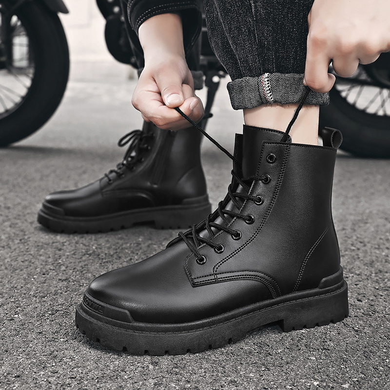 Custom Men Shoes Black Side Zipper Work Boots High Top Fashion for Men PU Cotton Fabric Winter Shoes Male Rubber Solid Top Level