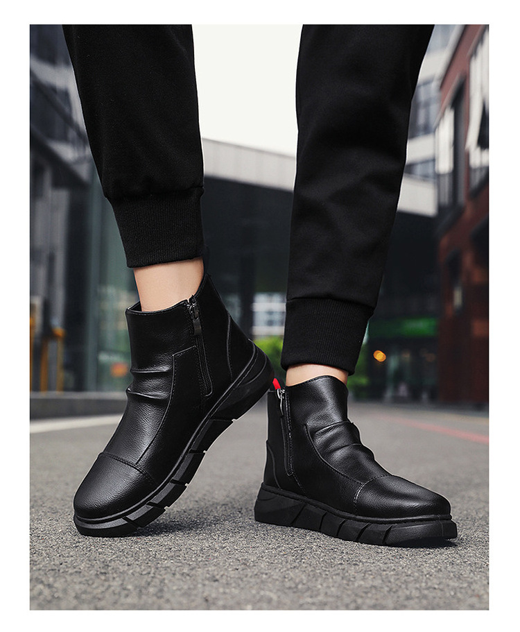 slip on Men shoes black side zipper Work Boots High Top Fashion black boots for men