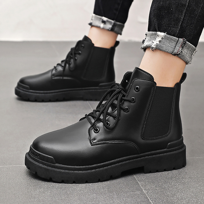 High top elastic band lace up men boots el tobillo black pu leather work boots for men