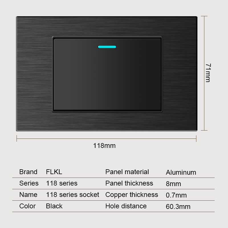 118mm Aluminum Black South American Switch Socket Metal Frame 1gang Switch For Home 220v-250v 1 Pole 16A Multi Socket Outlet