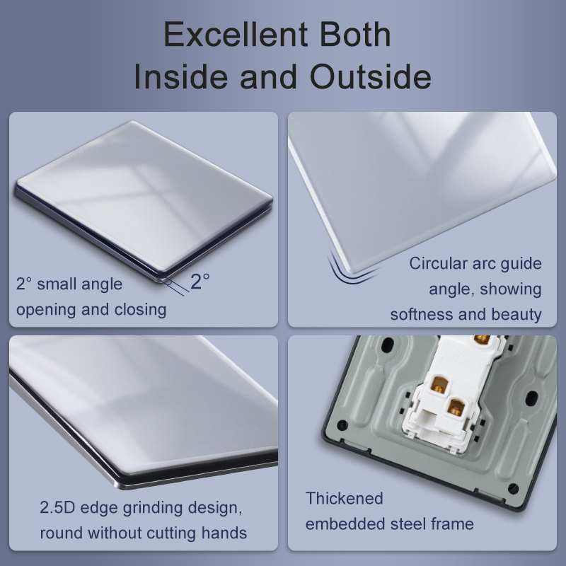 Luxury plug plate socket electronic light switch ultra thin glass 1/2/3/4 gang switch  UK switch 45A universal socket three