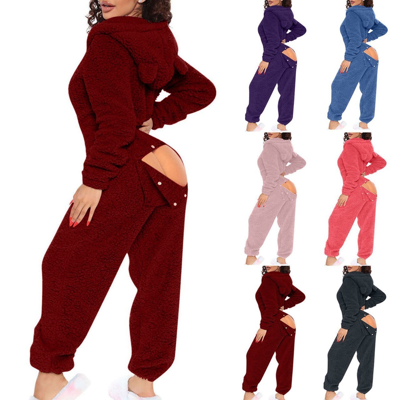 New One piece Home Fury Fun Opening Women's Long sleeved jumpsuit Hooded Cute Plush Sexy jumpsuit