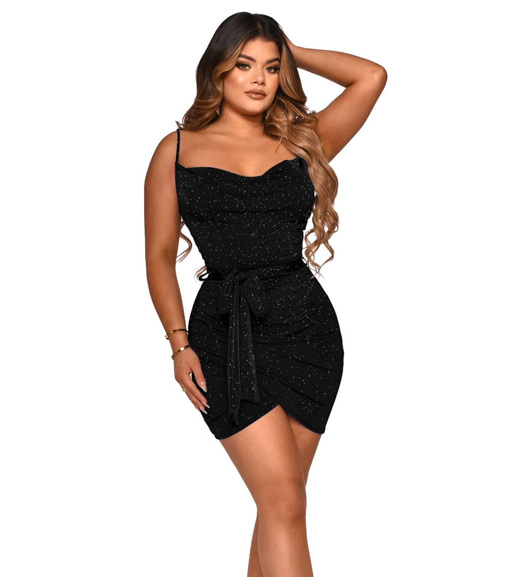 SD New Style Shining Bodycon Dress Mature Women Sexy Short Tight Mini Dress With Belt