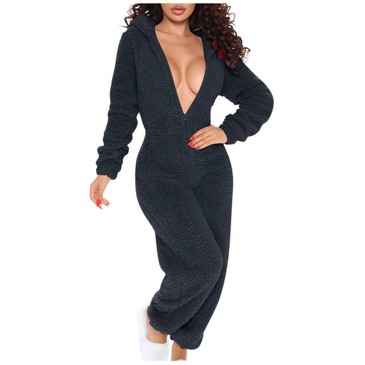 New One piece Home Fury Fun Opening Women's Long sleeved jumpsuit Hooded Cute Plush Sexy jumpsuit