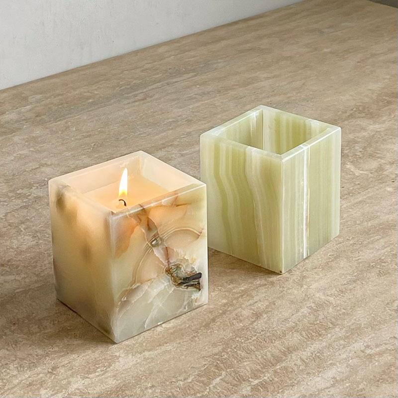 Luxury Agate Green White Pink Onyx Romantic Candle Jars and Boxes Packaging Marble Stone Cup Holder Candlestick Decor