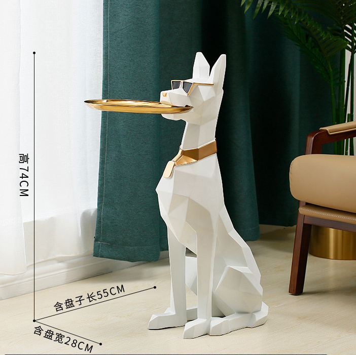 29 Inch Big Dog Animal Sculpture Doberman Resin Figurine with Gold Plate Storage Tray Decorative Pet Craft Model