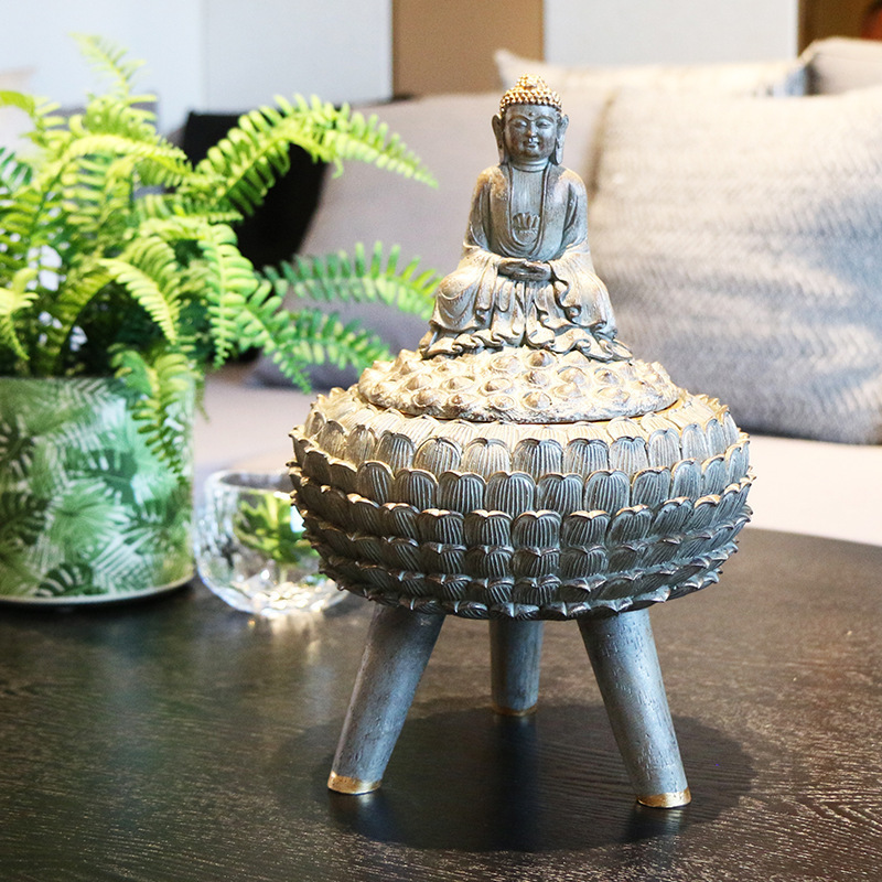 Zen Home Garden Decor Artificial Folk Art Buddha Sculpture Resin T-Light Holder and Decorative Storage Buddha Head Planter