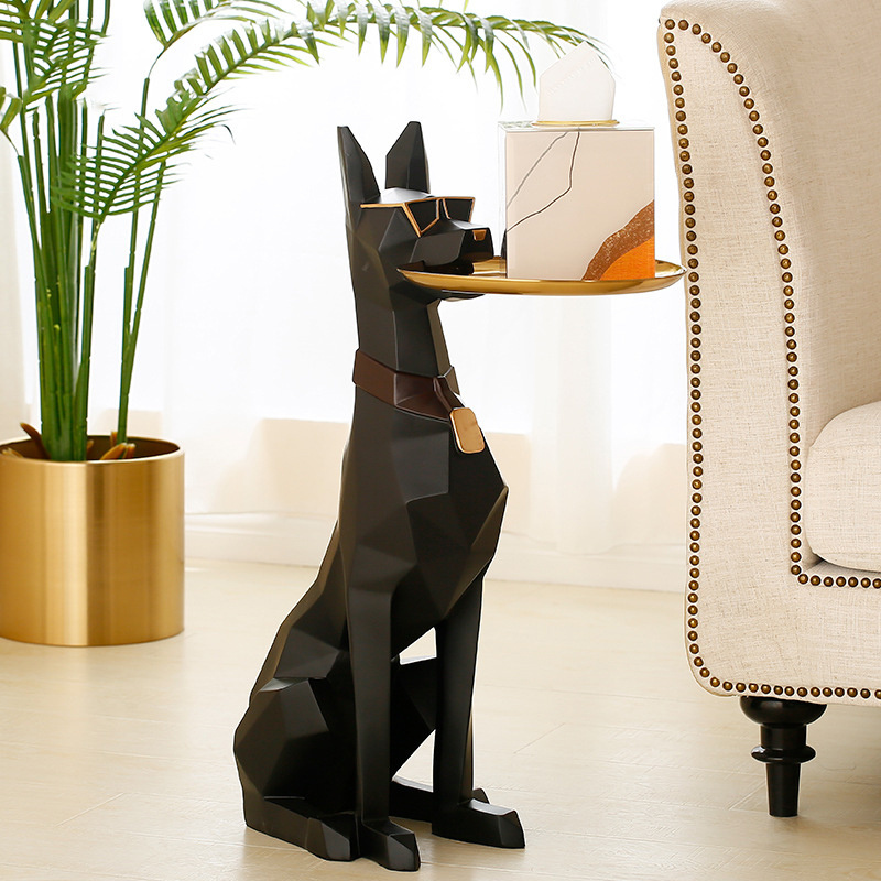 29 Inch Big Dog Animal Sculpture Doberman Resin Figurine with Gold Plate Storage Tray Decorative Pet Craft Model