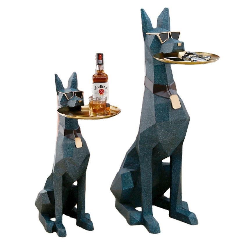 29 Inch Big Dog Animal Sculpture Doberman Resin Figurine with Gold Plate Storage Tray Decorative Pet Craft Model