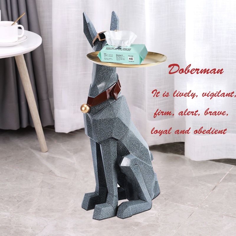 Resin Life Size Geometric Animal Sculpture  Doberman dog statue with gold  plate Storage Tray