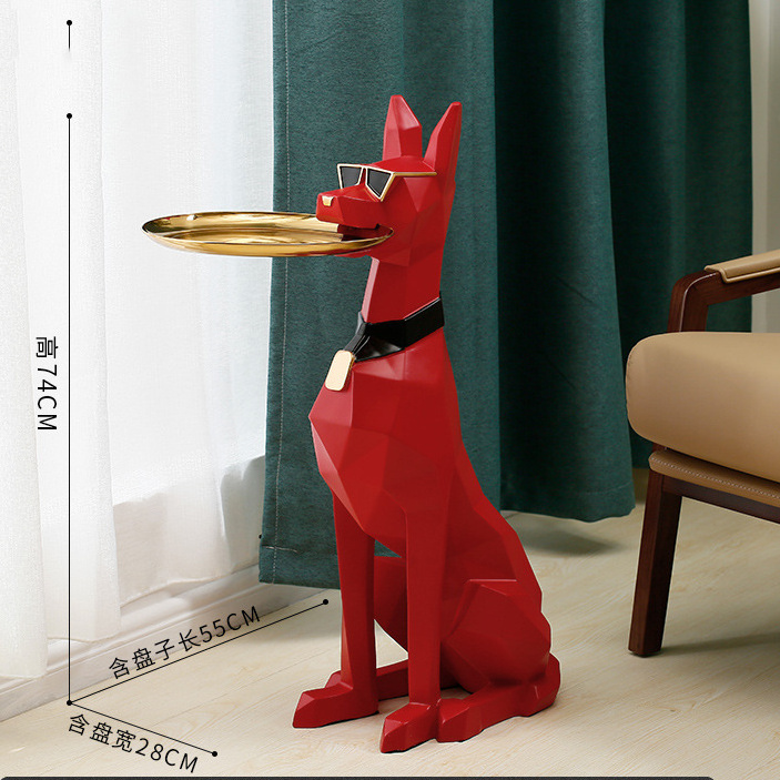 29 Inch Big Dog Animal Sculpture Doberman Resin Figurine with Gold Plate Storage Tray Decorative Pet Craft Model