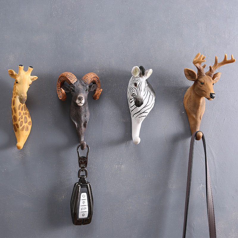 3D resin deer head sheep head horse head hook retro three-dimensional animal wall hanging decoration