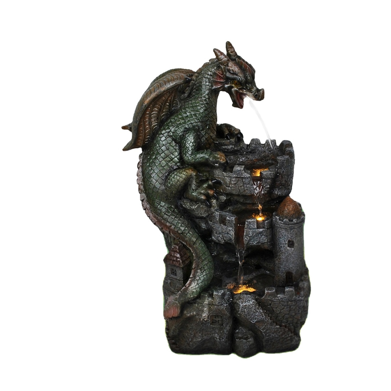 Outdoor water feature polyresin decorative dragon on the castle solar fountain with LED