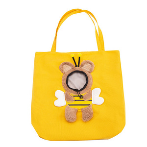 Customized Cute canvas outing show head small bee shape cat shoulder bag small dog tote bag pet dog bag