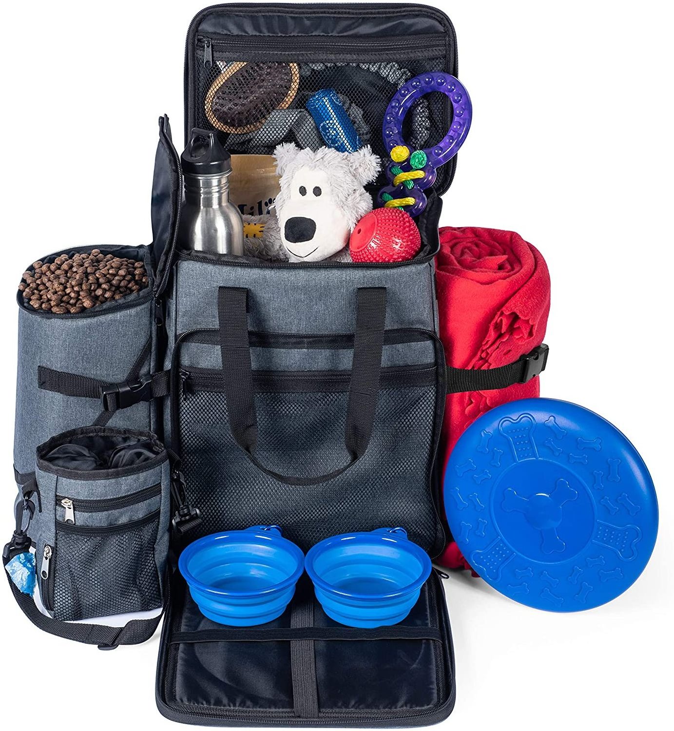 Custom Dog Travel Bag Backpack Overnight Bag for Pet Gear Includes Collapsible Food and Water Bowls Flying Disc and Treat Pouch