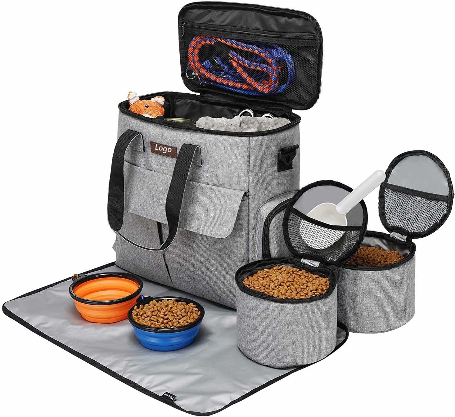 Custom Dog Travel Bag Weekend Pet Travel Set for Dog and Cat Airline Approved Tote Organizer with 2 Food Carriers and Bowls