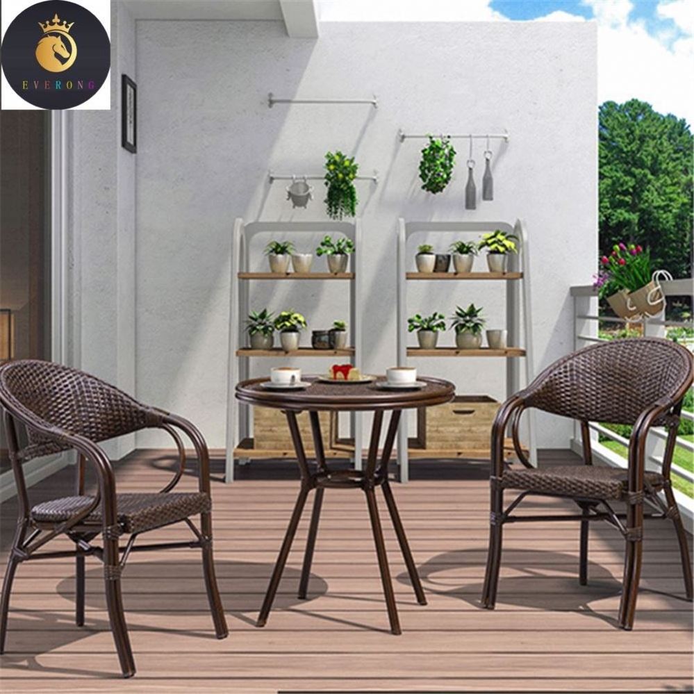 Parisian Bistro Indoor Outdoor Rattan Side 2 Chairs Bar Stool Dining Room Furniture Luxury Garden Aluminum Dining Table Set