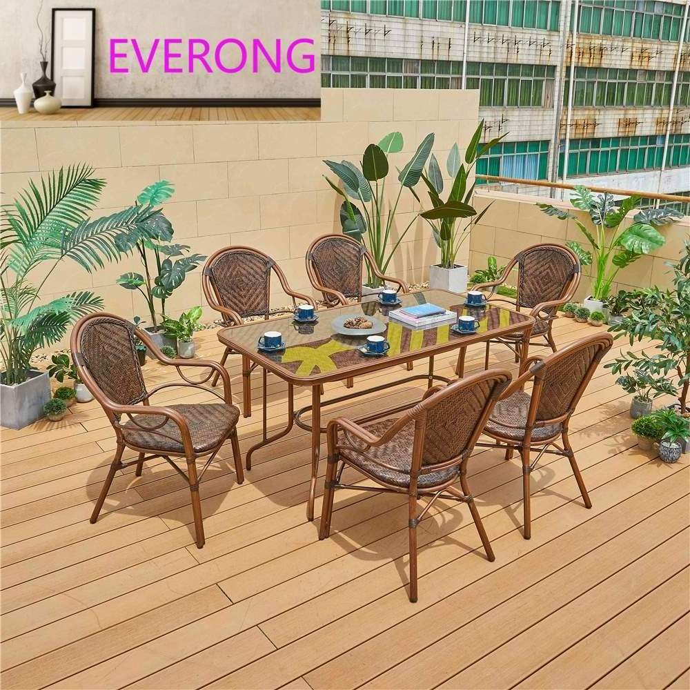 PE Rattan Wood Grain Garden Patio Table Hot Selling Waterproof Aluminum Frame PE garden set outdoor furniture