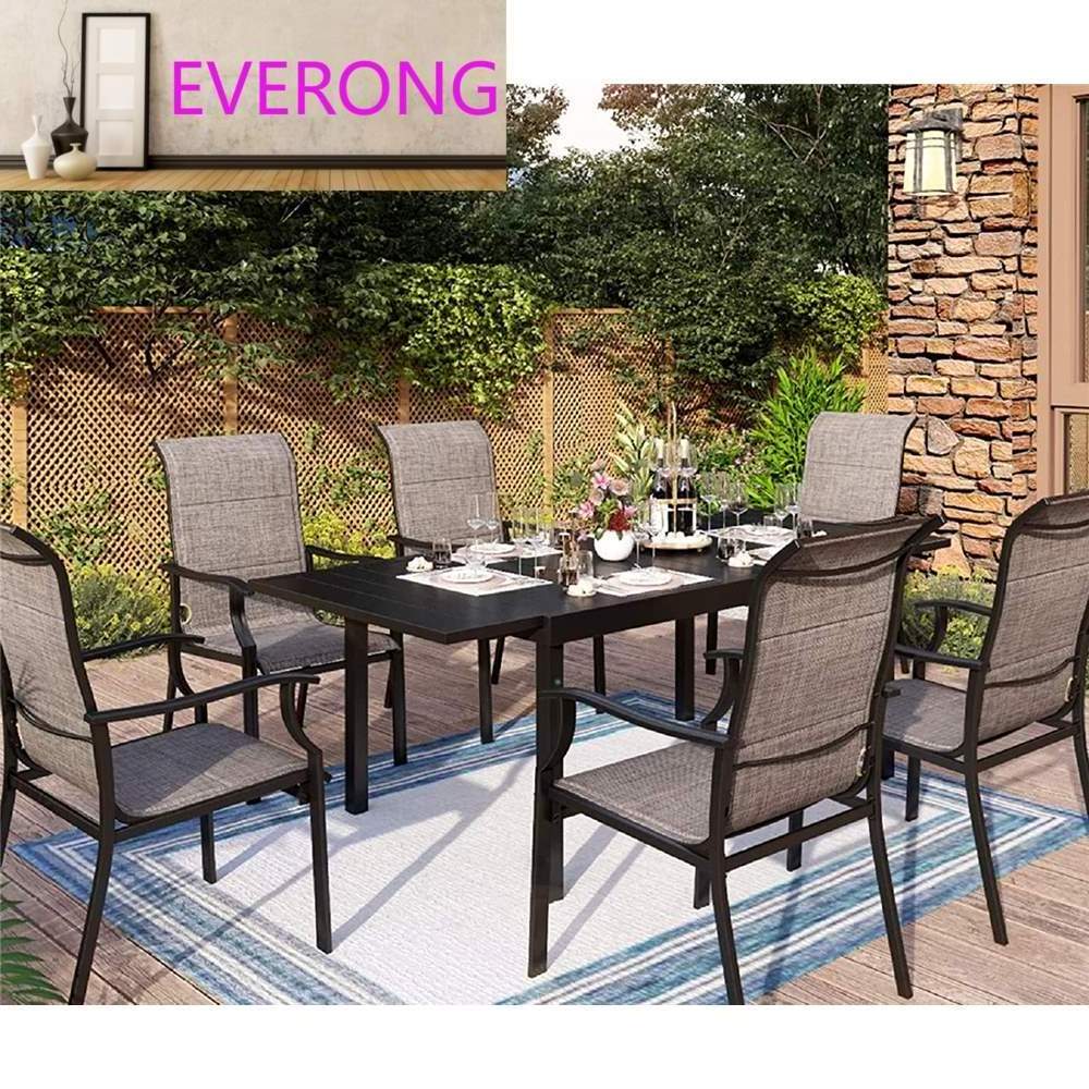 Metal Table Durable Outdoor Furniture Thick Fabric All013 Patio Dining Chairs Set of 7, Rectangular Extendable Black 6 Pcs