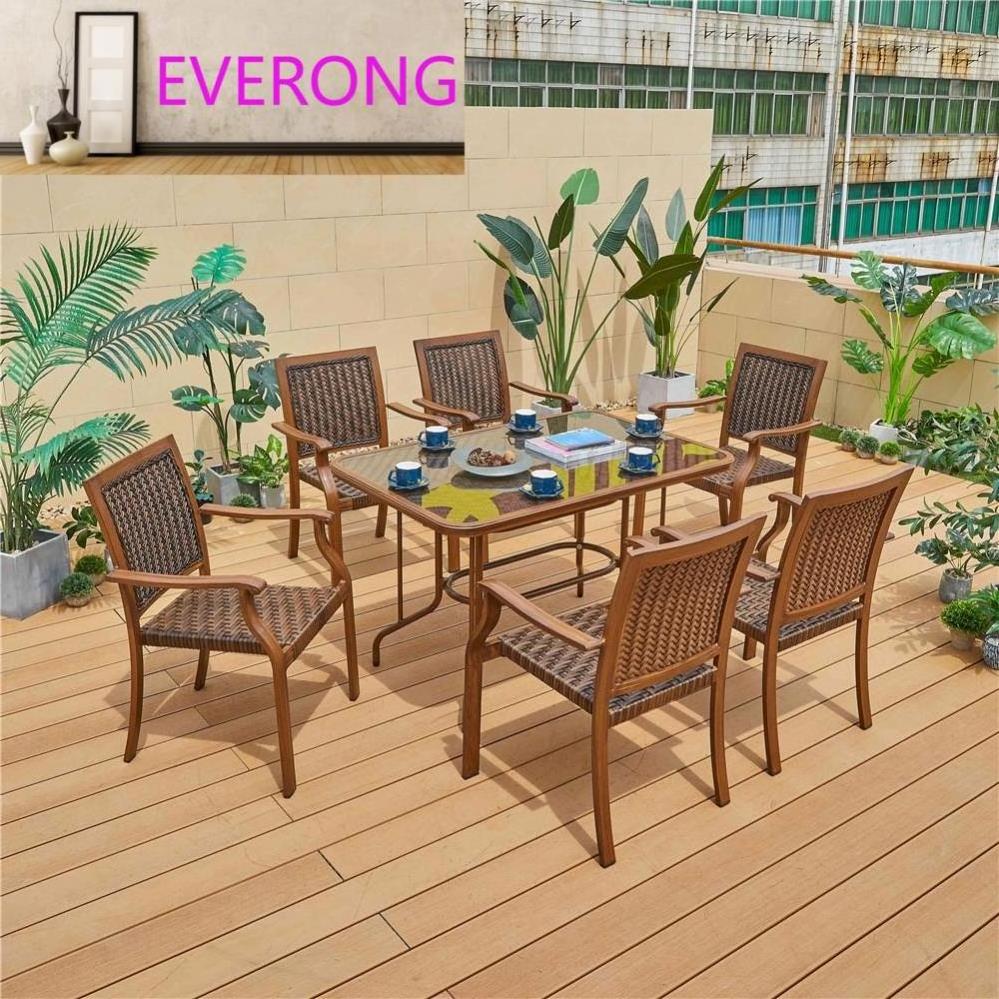 PE Rattan Wood Grain Garden Patio Table Hot Selling Waterproof Aluminum Frame PE garden set outdoor furniture