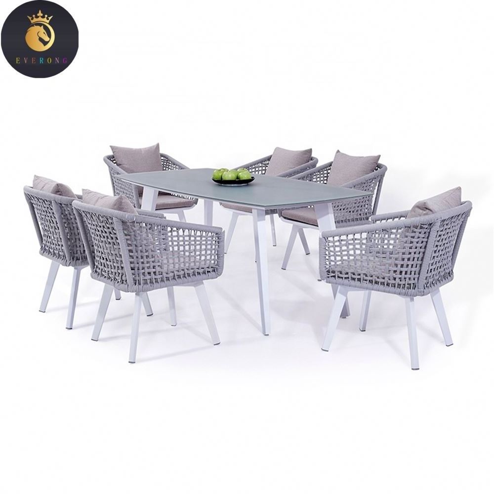 European Patio Furniture Outdoor Garden Aluminum Woven Rope Dining Table 6 Chairs Set