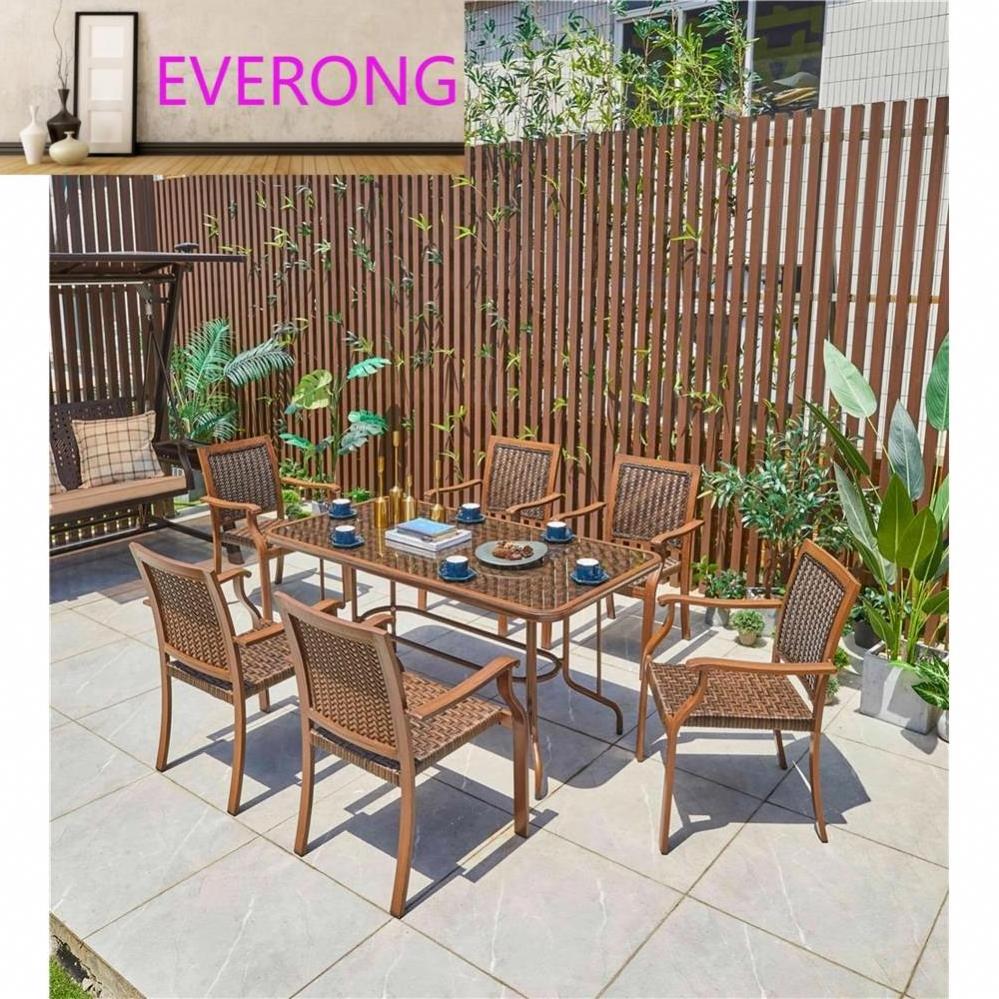 PE Rattan Wood Grain Garden Patio Table Hot Selling Waterproof Aluminum Frame PE garden set outdoor furniture