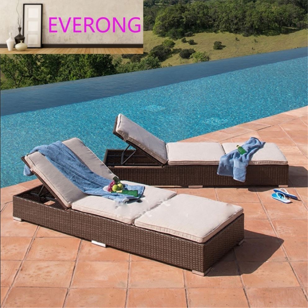 Outdoor Adjustable Patio Chaise Outdoor Lounge Chair Rattan Wicker Patio Lounge Chair with Cushions Swimming Pool Modern Teak