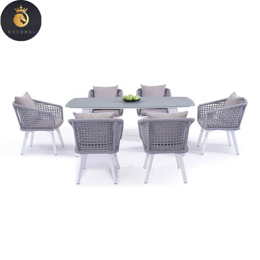 European Patio Furniture Outdoor Garden Aluminum Woven Rope Dining Table 6 Chairs Set