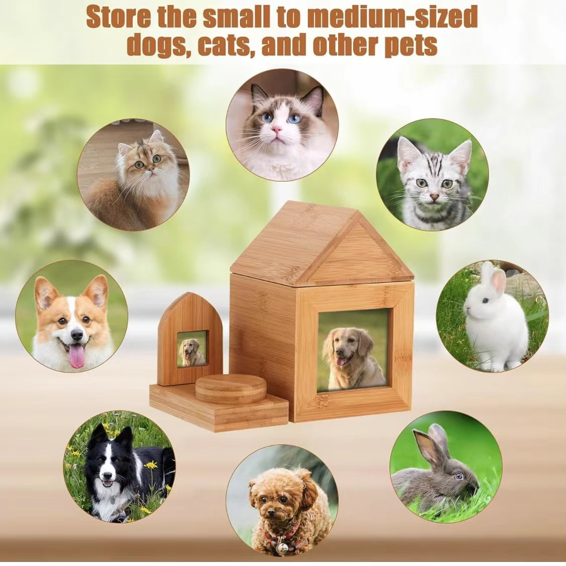 Wooden Pet Ash Box Cinerary Casket Pet Memorial Box Keepsake House-Shaped Cremation Urn for Cats Dogs with Photo Frame