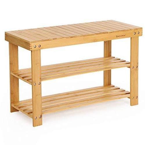 HOSTK ZM1061 custom bathroom non slip foot rest shaving stool wooden storage sturdy shoe rack bench 3 tier bamboo organizer