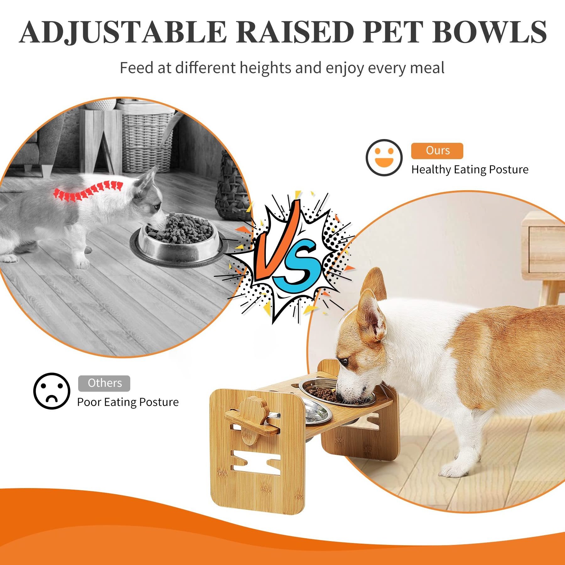 HOSTK Bamboo Elevated Cat Bowls 6 Adjustable Heights Raised Dog Bowl Stand with 3 Stainless Steel Dog Food and Water Bowls