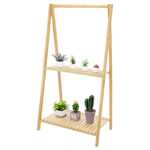 Eco Friendly 2 Tier Natural Bamboo Wooden Shoes Storage Organizer Shelf Clothing Rack Plant Display Stand Rack for Bedroom