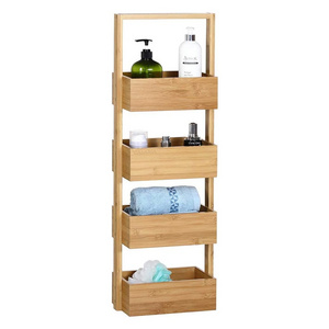 Custom Bamboo Standing Shelf 4 Shelves for Bathroom Slim Wooden Basket Rack with 4 Basket Shelves Shower Caddy