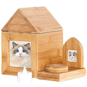 Wooden Pet Ash Box Cinerary Casket Pet Memorial Box Keepsake House-Shaped Cremation Urn for Cats Dogs with Photo Frame