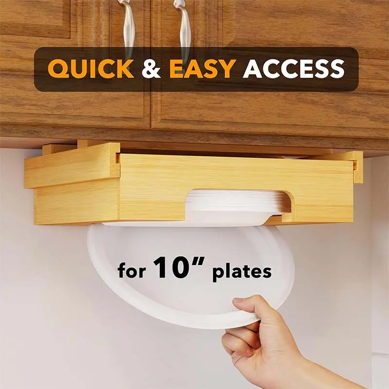 Custom Vertical Bamboo Paper Plate Dispensers Holders under Cabinet Countertop Caddy for Kitchen