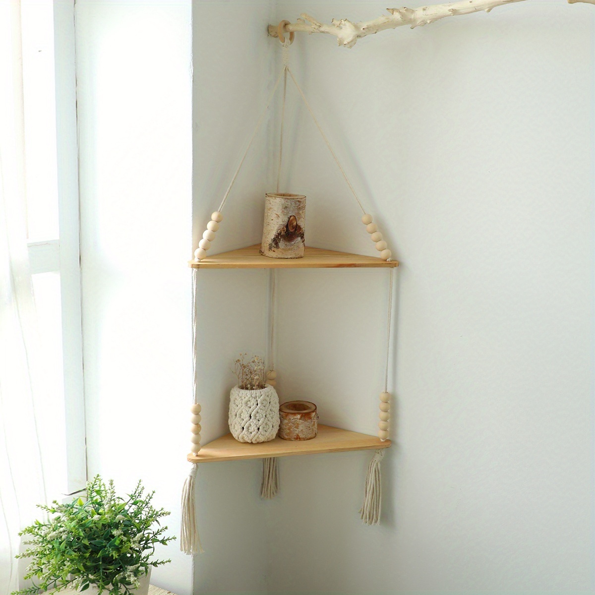 3 Layers Triangular Bamboo Wooden Wall Hanging Shelf Craft Display Rack Storage Bohemia Floating Shelf Plant Candle Storage Rack