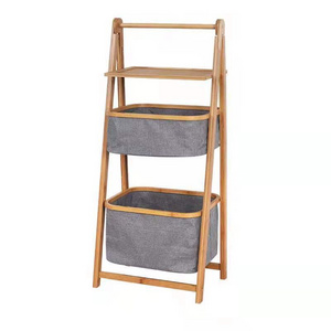 HOSTK Home 2-Tier Foldable Storage Baskets Bamboo Shelving Unit