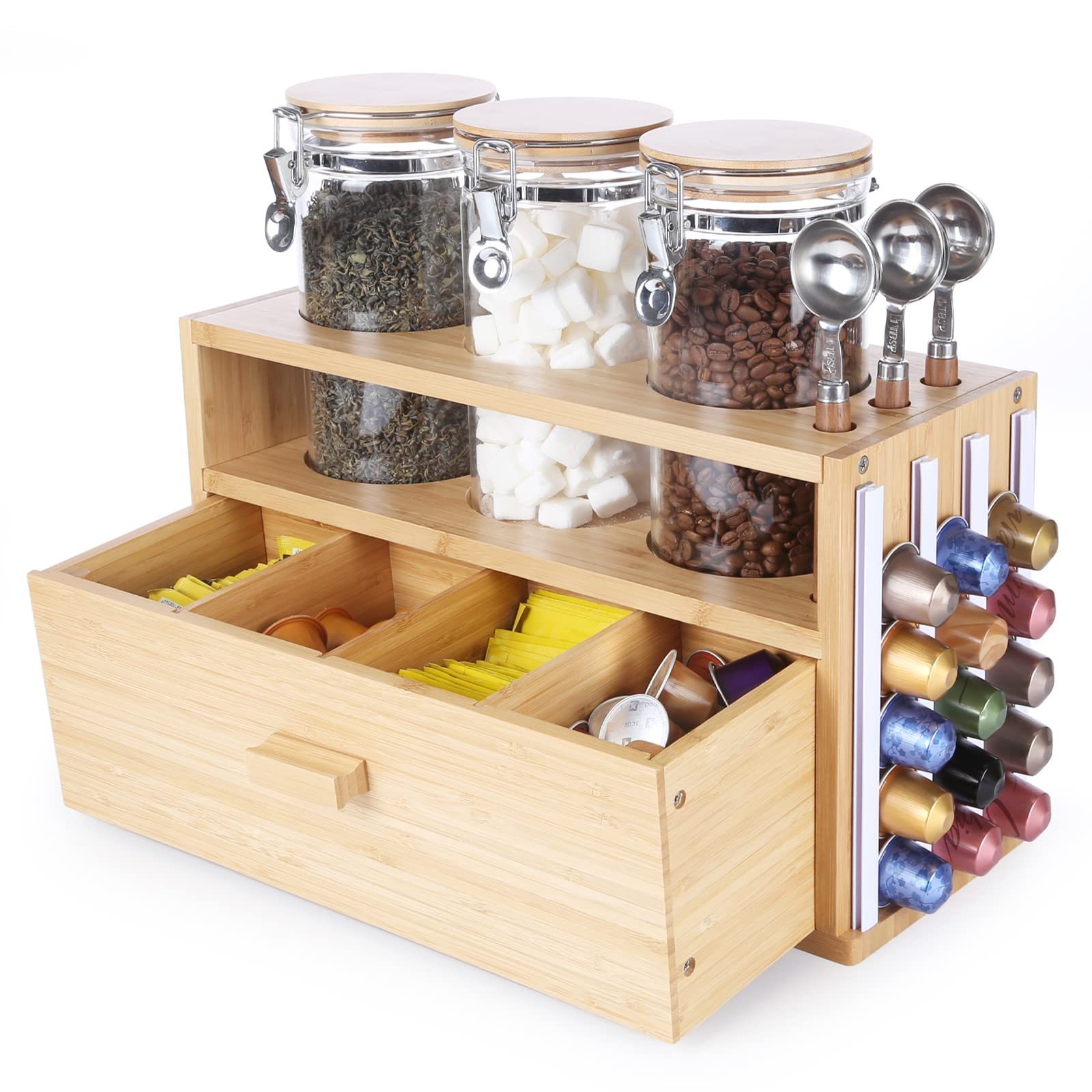 Bamboo Tea and Coffee Organizer for Countertop with Tea Bags Drawer Coffee Tea Bar Organizer with Airtight Glass Containers