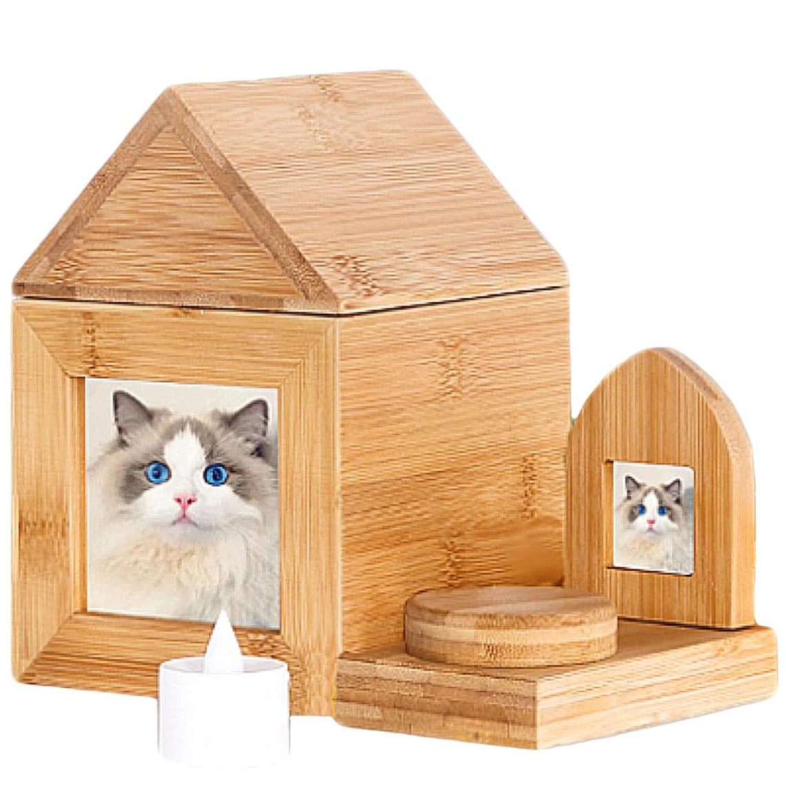 Wooden Pet Ash Box Cinerary Casket Pet Memorial Box Keepsake House-Shaped Cremation Urn for Cats Dogs with Photo Frame